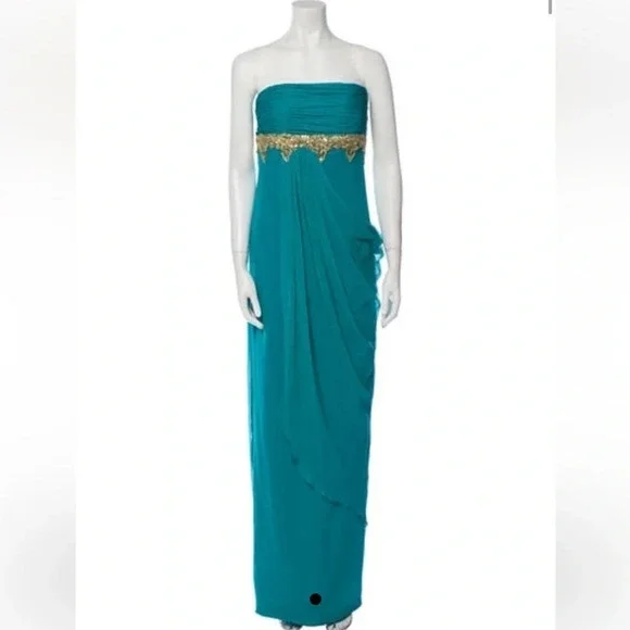 Marchesa Teal Strapless pleated and draped silk Dress with Gold beaded accent. - Picture 9 of 13